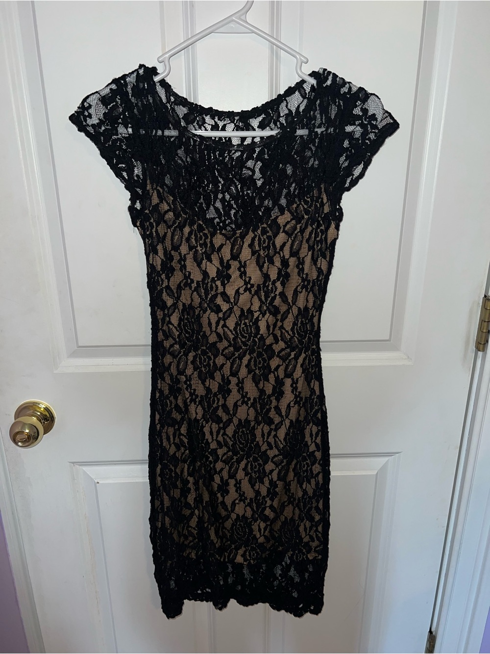 Black Lace Overlay Sheath Dress with Nude Lining
